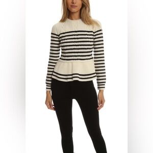 Talbots - Chic Sweater Cable Knit Nautical Coastal Striped Ivory Blue Peplum